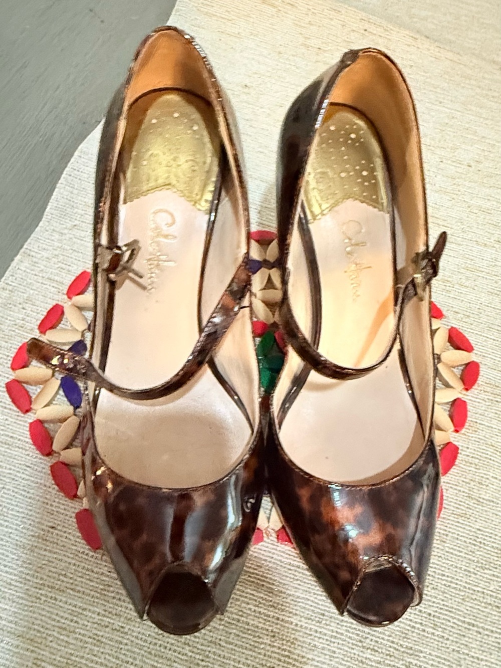Cole Haan Brown Patent Peep-Toe Mary Jane Heels